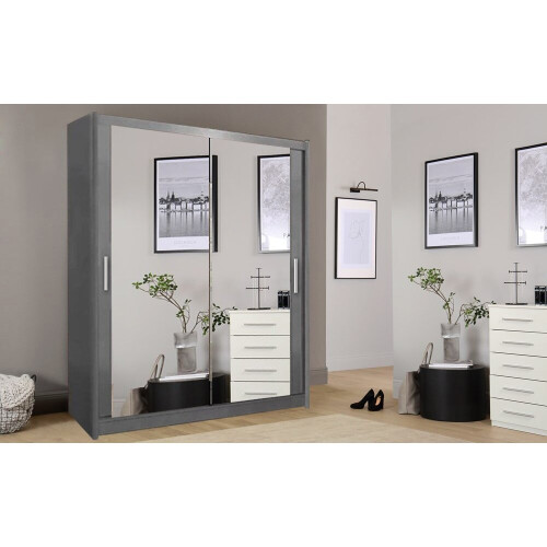 (Grey) Milan Full Mirror Bedroom Sliding Wardrobe 203cm