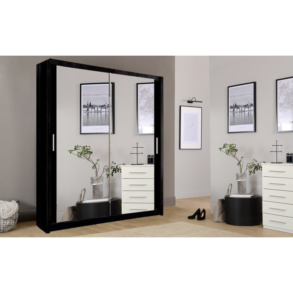 (Black) Milan Full Mirror Bedroom Sliding Wardrobe 100cm