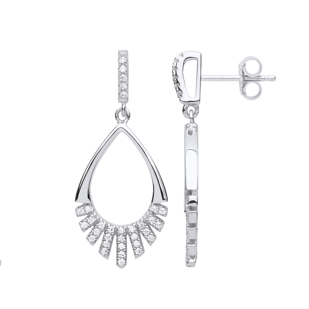 Jewelco London Ladies Sterling Silver Cubic Zirconia Minimal Art Deco Tear Stud Drop Earrings - GVE851