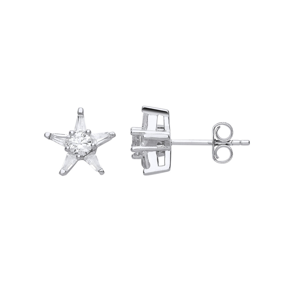 Jewelco London Ladies Sterling Silver Tapered Baguette Cubic Zirconia Shining Star Stud Earrings - GVE670