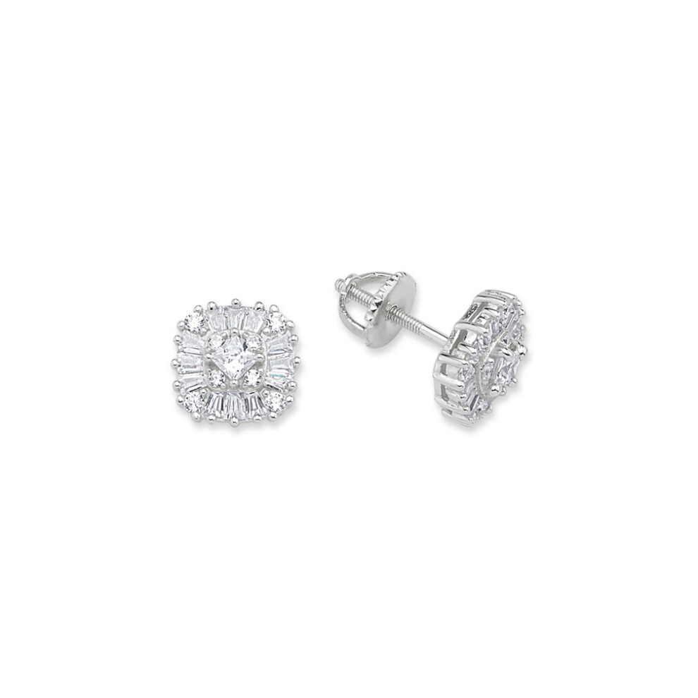 Jewelco London Ladies Sterling Silver Princess & Tapered Baguette Cubic Zirconia Screw-back Cluster Stud Earrings - GVE672