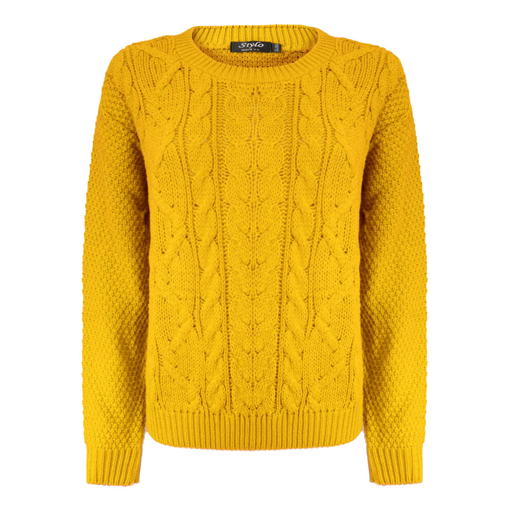 (Mustard, S-M) Ladies Knitted Crew Neck Cabel Knit Jumper Sweater