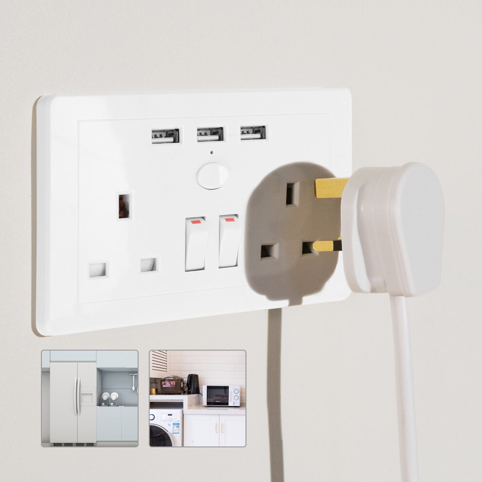Double Wall Plug Socket 2 Gang 13A + 3 Usb Charger Outlets Plate 714131865352