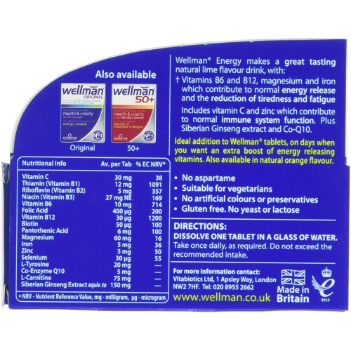 Vitabiotics Vitabiotics Wellman Energy Natural Lime Flavour - 10 Effervescent Tablets 1