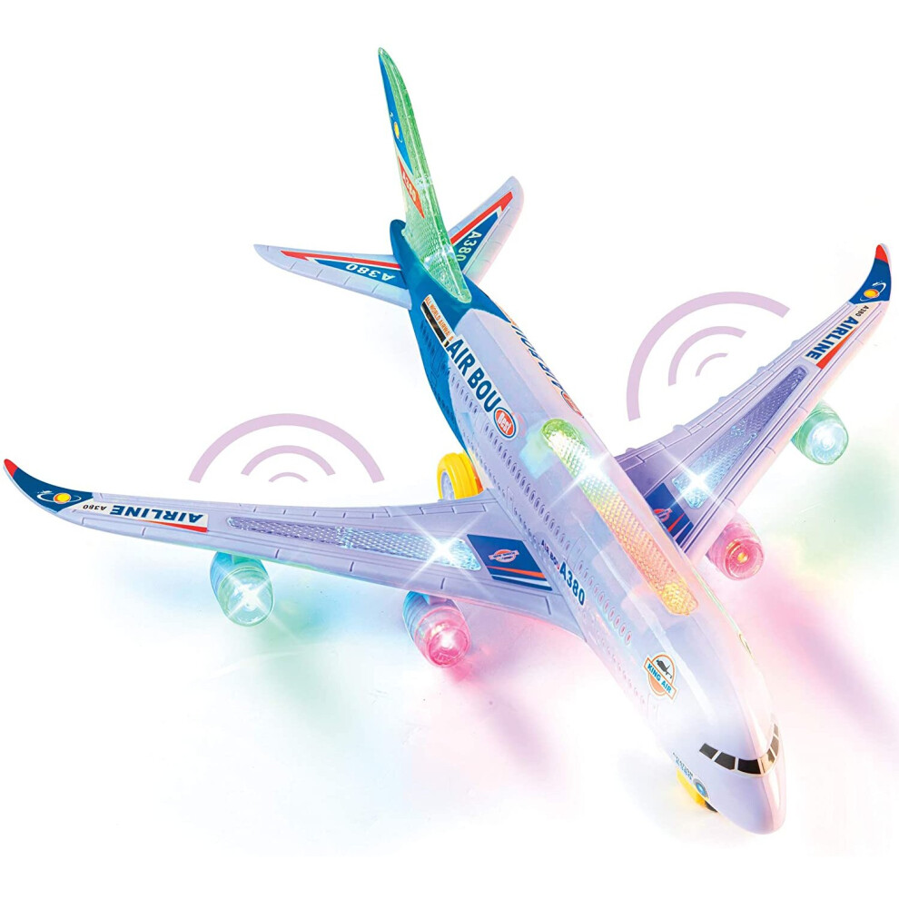 Top Race A380 Airplane Toy For Kids - Bump and Go - Big Plane Toy Model With Real LED Flashing 3D Lights & Sound - Changes Direction On Contact