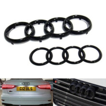Audi Black Gloss Ring Emblem Set for Front Grille & Rear Trunk - Fits A3 A4 A5 A6 S3 S4 S5 S6 RS3 RS4 RS5 RS6