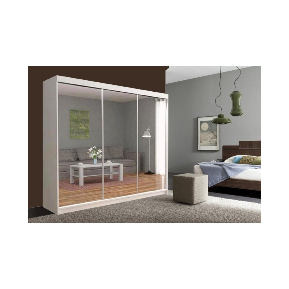 (White, 250 cm) Sliding Mirror Door Wardrobe | Milan