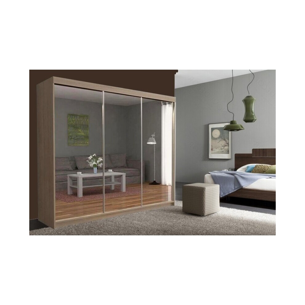 (Oak/Sonoma, 250 cm) Sliding Mirror Door Wardrobe | Milan