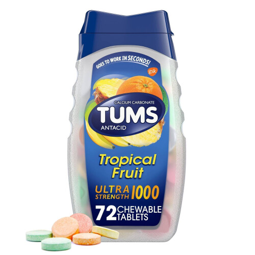 Tums Calcium Carbonate Antacid, Tropical Fruit, Ultra Strength 1000, 72