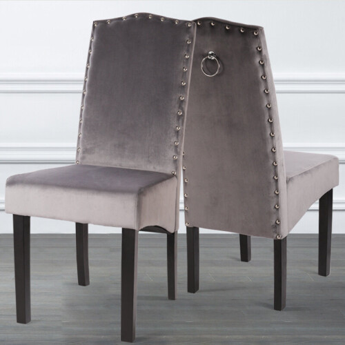 Living And Home Set of 2 Velvet Studded High Back Dining Chairs, Grey 1
