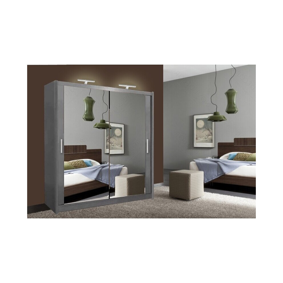 (Grey, 100cm) Milan Double Sliding Door Wardrobe With LED