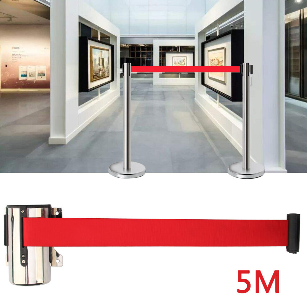 Wall Mount Queue Barrier Rope Posts Crowd Control Ribbon-Retractable 5M Belts