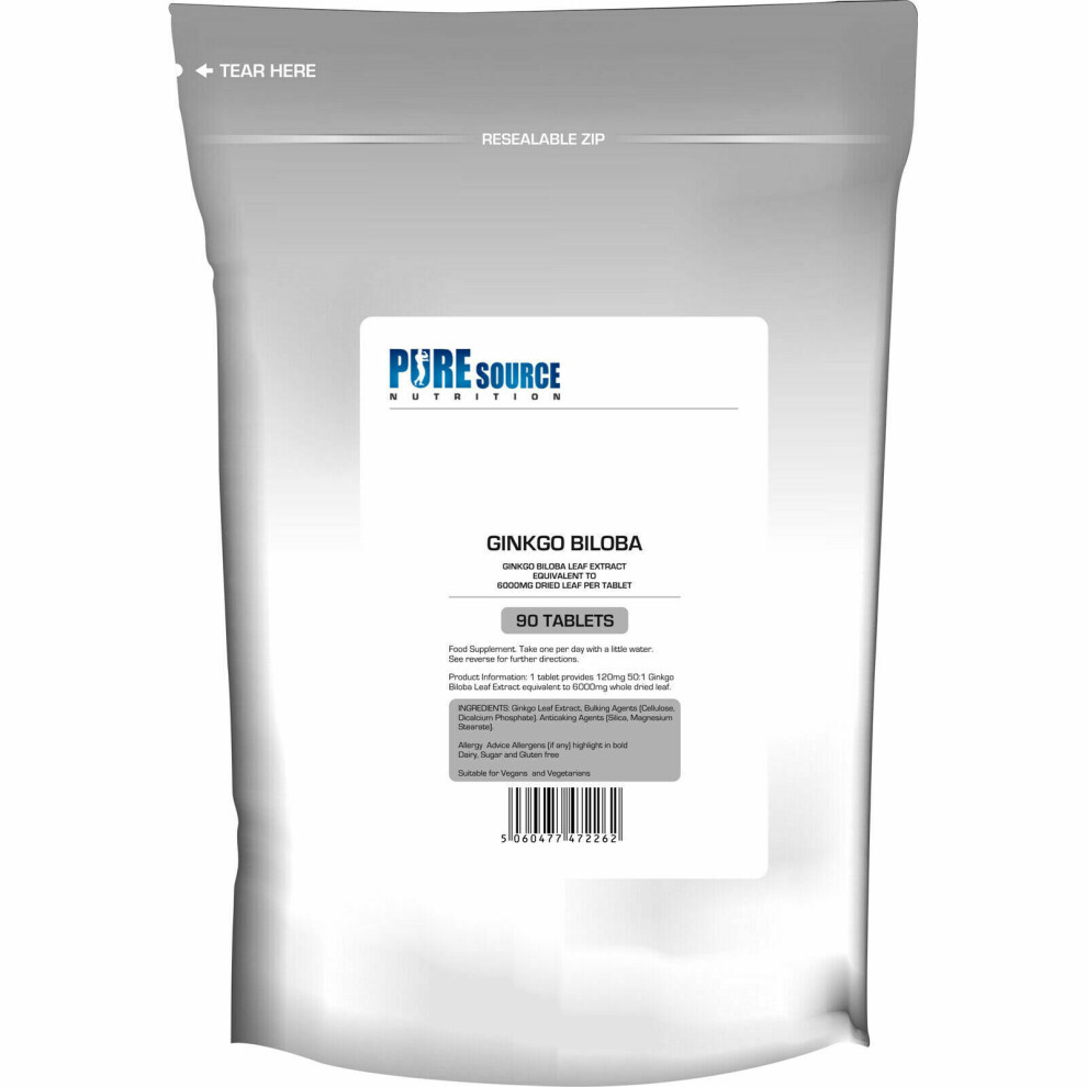 Pure Source Nutrition (90 Tablets) Ginkgo Biloba 6000Mg Tablets Memory & Focus Vegan