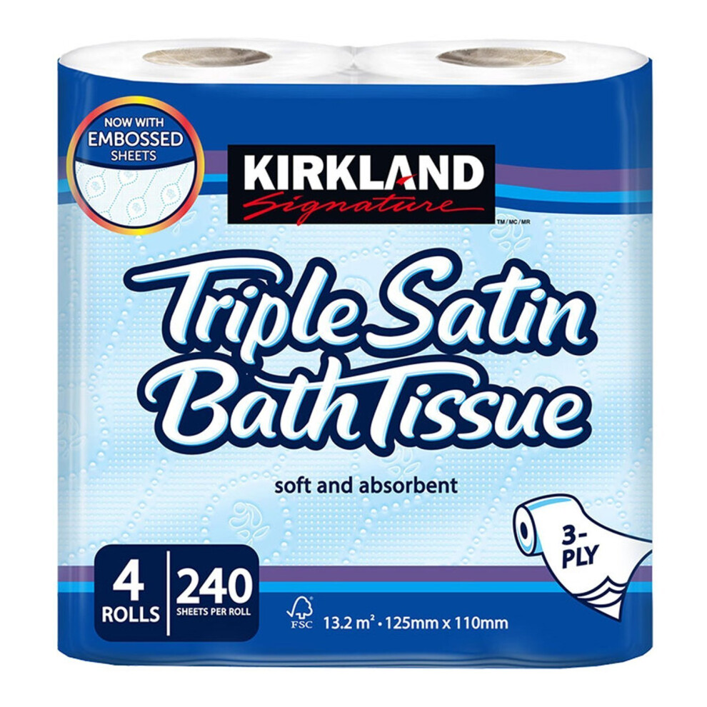 Kirkland Signature Soft and Absorbent Triple Satin Premium Bath Toilet Tissue Paper, 10 x 4 Rolls