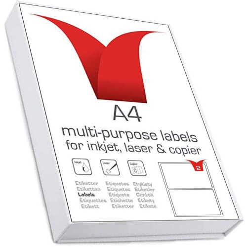 Multi-Purpose A4 White Self-Adhesive Labels - Die Cut 199.6 x 143.5mm - 2 Labels per Sheet - 100 Sheets per box/200 Labels per Pack