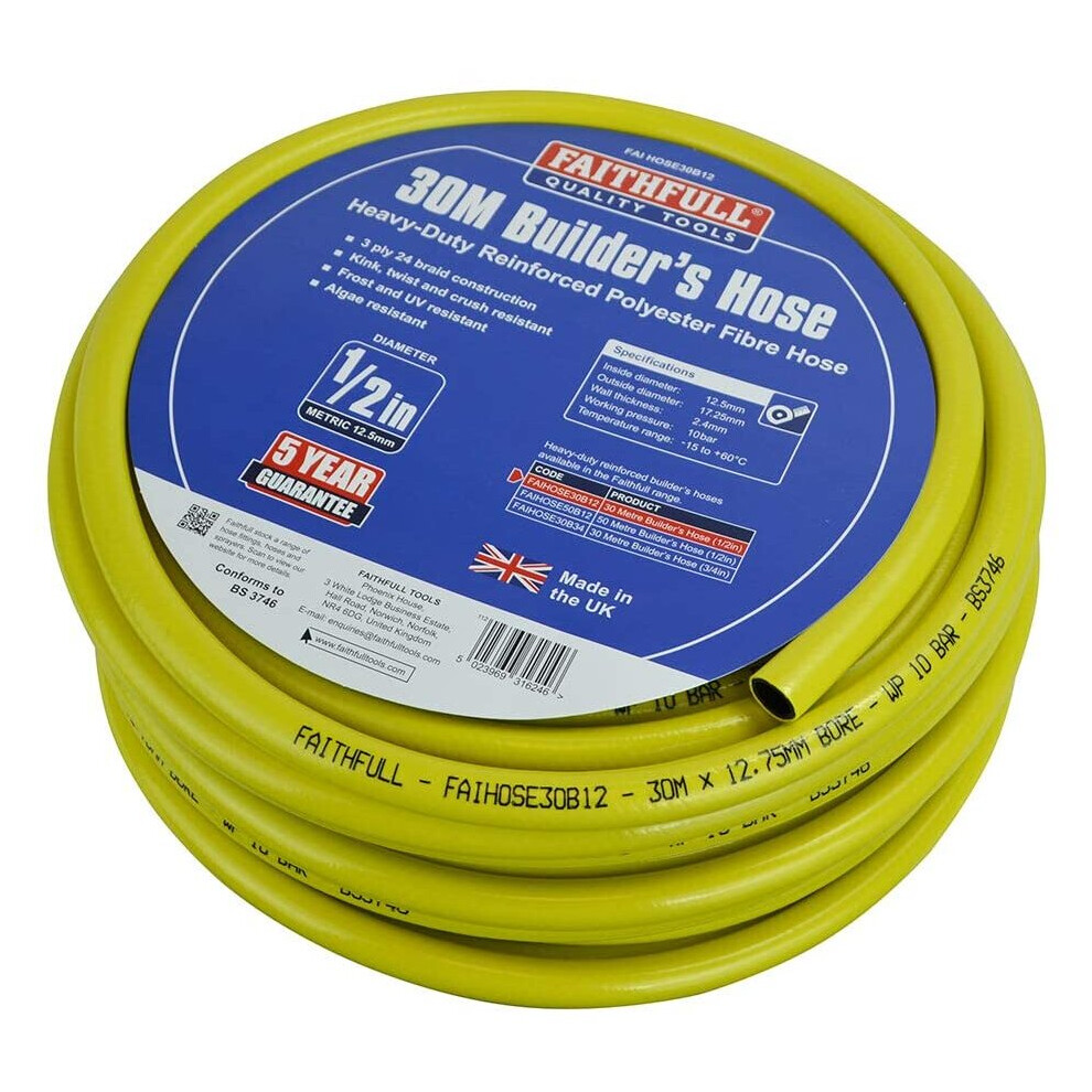 Faithfull FAIHOSE30B12 Builders Hose, Yellow, 30M 12.7mm (1/2in) Diameter