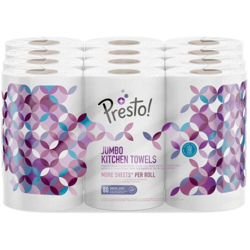 Amazon Brand - Presto! Jumbo Kitchen Rolls, 12 Pack (12 x 80 3-ply-sheets)