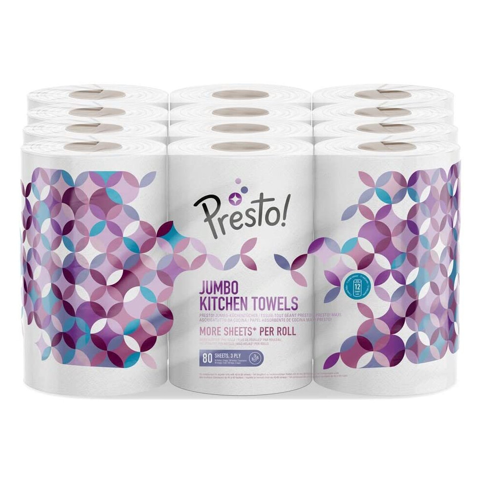 Presto%21 Amazon Brand - Presto! Jumbo Kitchen Rolls, 12 Pack (12 X 80 3-Ply-Sheets)