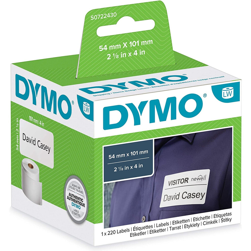 DYMO LW Large Shipping Labels/Name Badges, 54mm x 101mm, Roll of 220 Easy-Peel Labels, Self-Adhesive, for LabelWriter Label Makers, Authentic