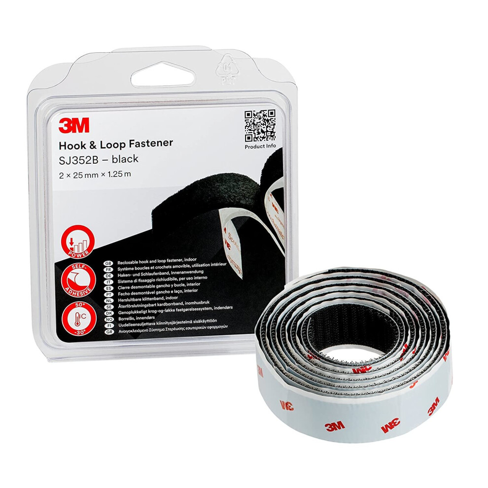 3M SJ352Bbk Hook & Loop Reclosable Fasteners, 2 x 25 mm x 1.25 m, Black
