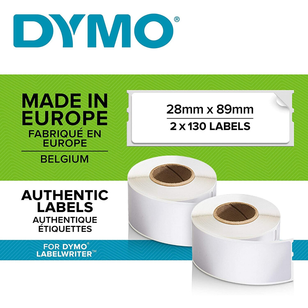 DYMO LW Address Labels, 28 mm x 89 mm, Self-Adhesive, Roll of 130, 2 Pack (260 Easy-Peel Labels) for LabelWriter Label Makers, Authentic