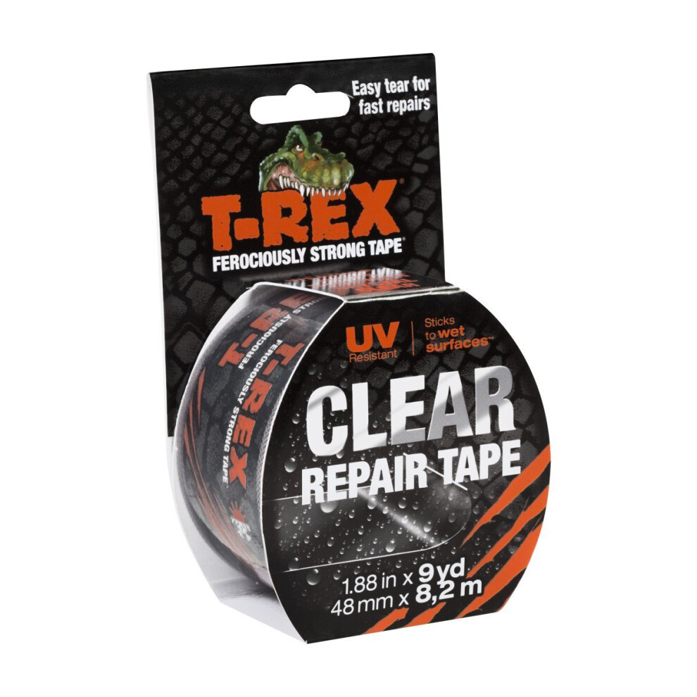 T Rex Tape Ferociously Strong Clear Repair Tape, 48mm x 8.2m easy to tear by hand and it sticks to wet surfaces in all weather and is UV resistant