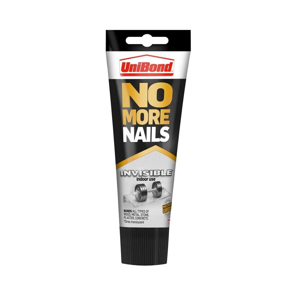 UniBond No More Nails Invisible, Heavy-Duty Clear Glue, Strong Glue for Wood, Ceramic, Metal and More, Instant Grab Mounting Adhesive, 1 x 184g Tube