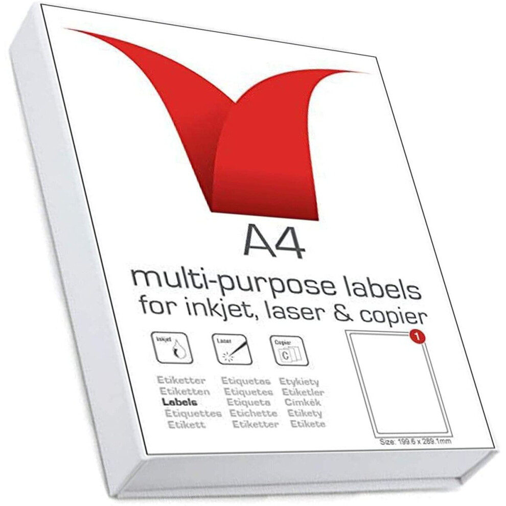 Multi-Purpose A4 White Self-Adhesive Labels - Die Cut 199.6 x 289.1mm - 1 Label per Sheet - 100 Sheets per box/100 Labels per Pack