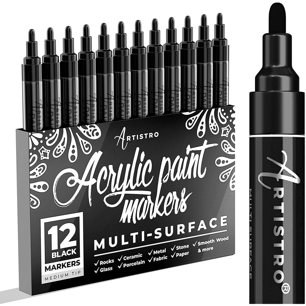 Black Paint Pens for Rock Painting, Stone, Pebbles, Ceramic, Glass. Set of 12 Black Acrylic Paint Markers Medium Tip.