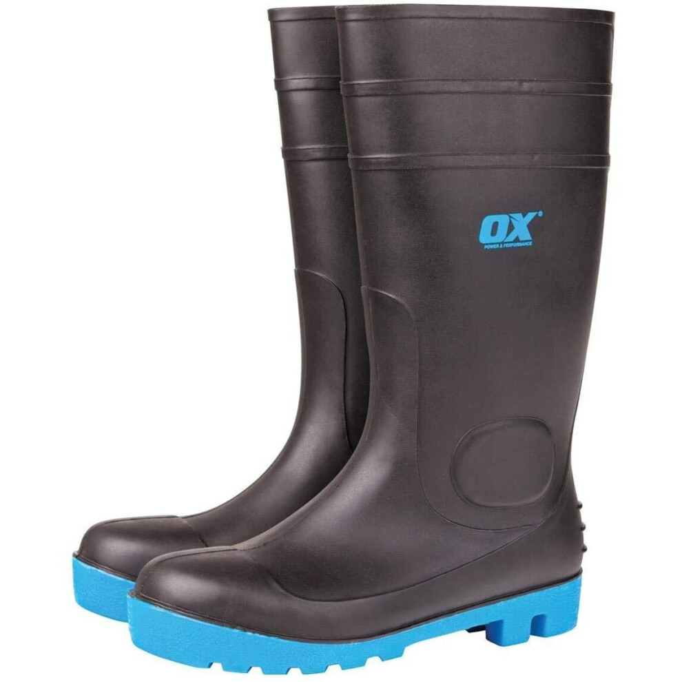 OX Safety Wellington Boot - Heavy Duty Safety Boot - Steel Toe Cap Wellies - Black / Blue - Size 10
