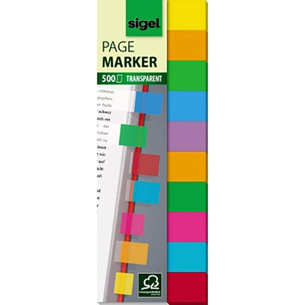 Sigel Hn684 Transparent Index Page Markers, 10 Colours In A Set, 500 Strips