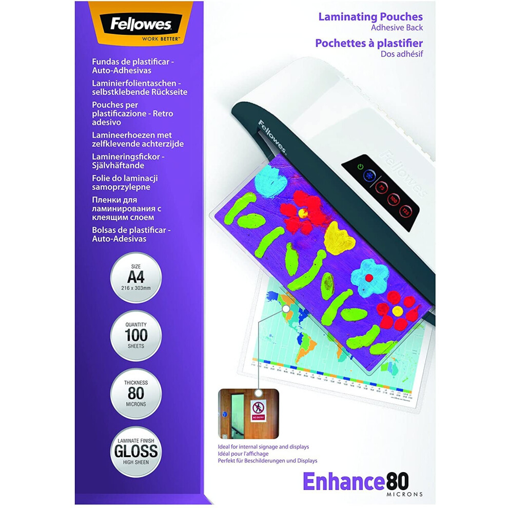 Fellowes A4 Laminating Pouches, Gloss, 160 Micron (2 x 80 Micron) Self adhesive, Pack of 100