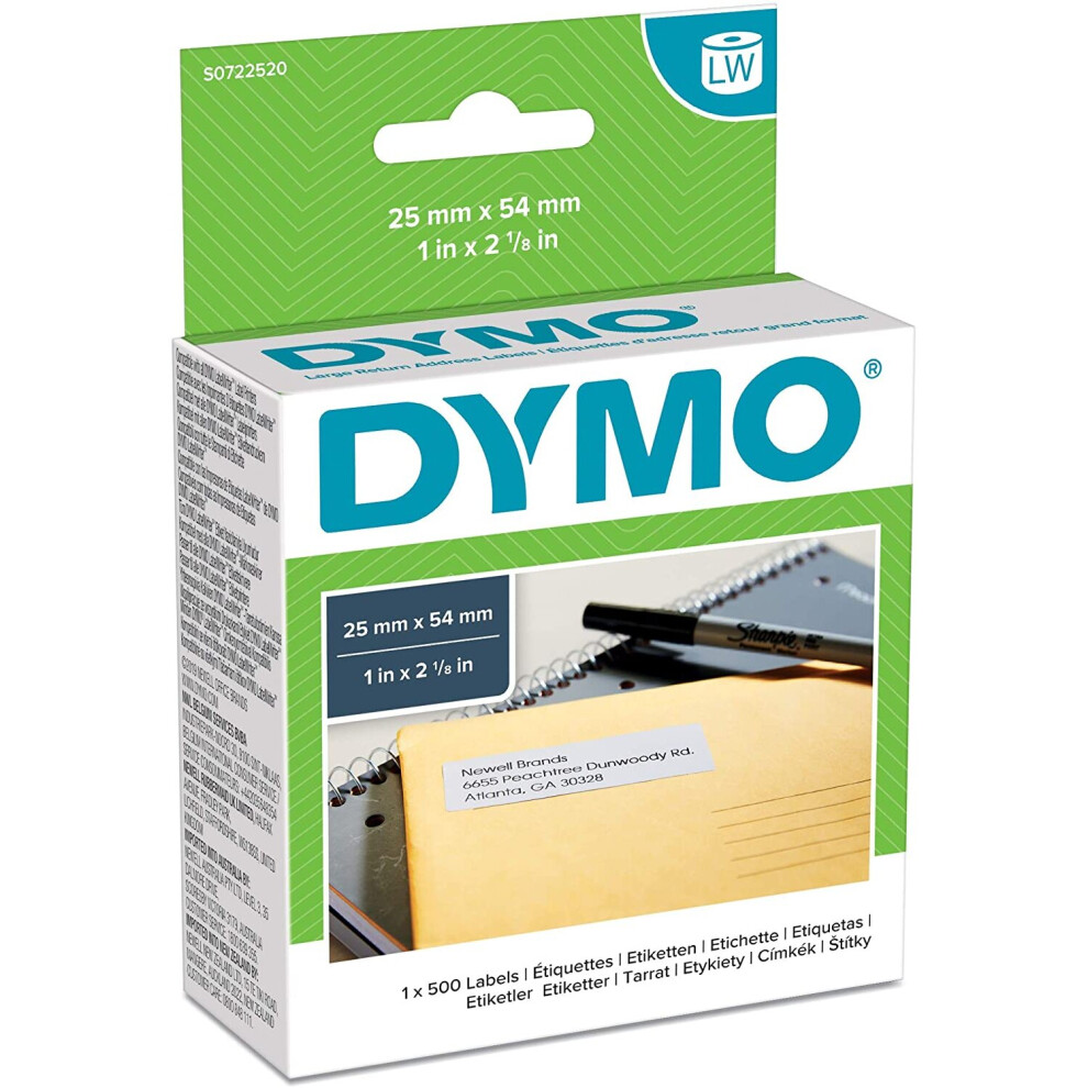 DYMO LW Large Return Address Labels, 25 mm x 54 mm, Roll of 500 Easy-Peel Labels, Self-Adhesive, for LabelWriter Label Makers, Authentic