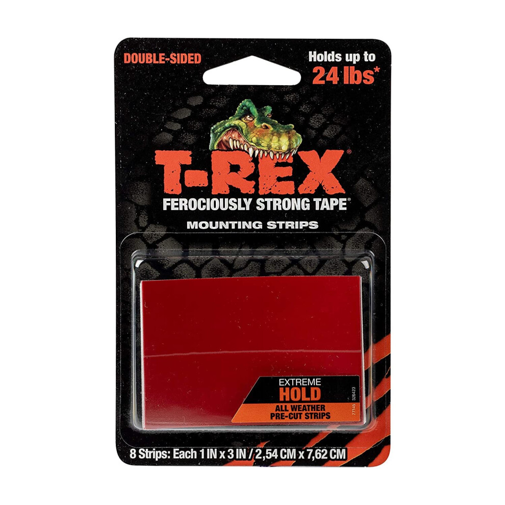 T Rex Tape Extreme Hold Heavy Duty Double Sided Mounting Strips Holds up to 24lbs , 8 Strips each strip is 2.54cm x 7.62cm, Black