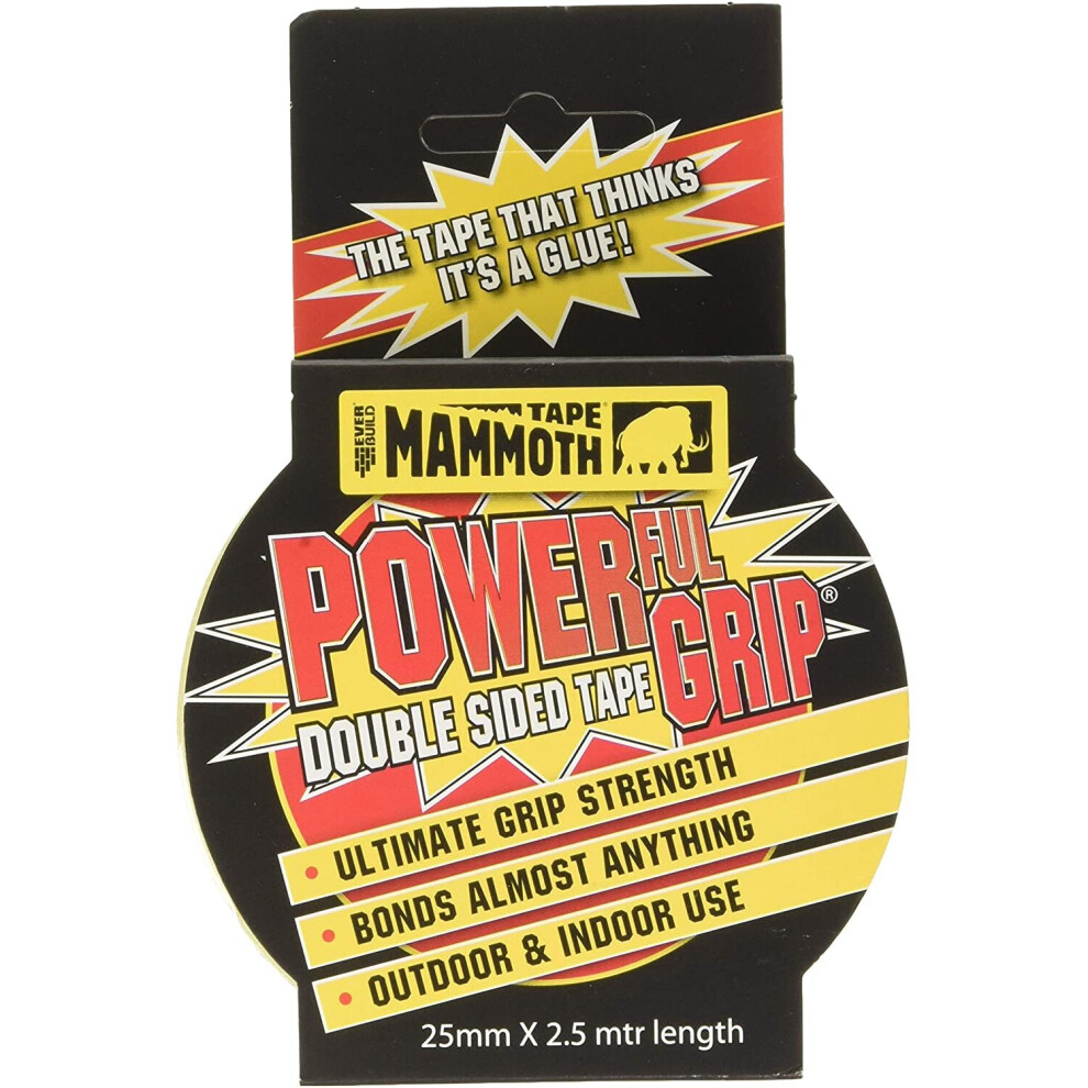 Everbuild Mammoth Powerful Grip Tape, Reinforced Double Sided Tape, Clear, 25 mm x 2.5 m