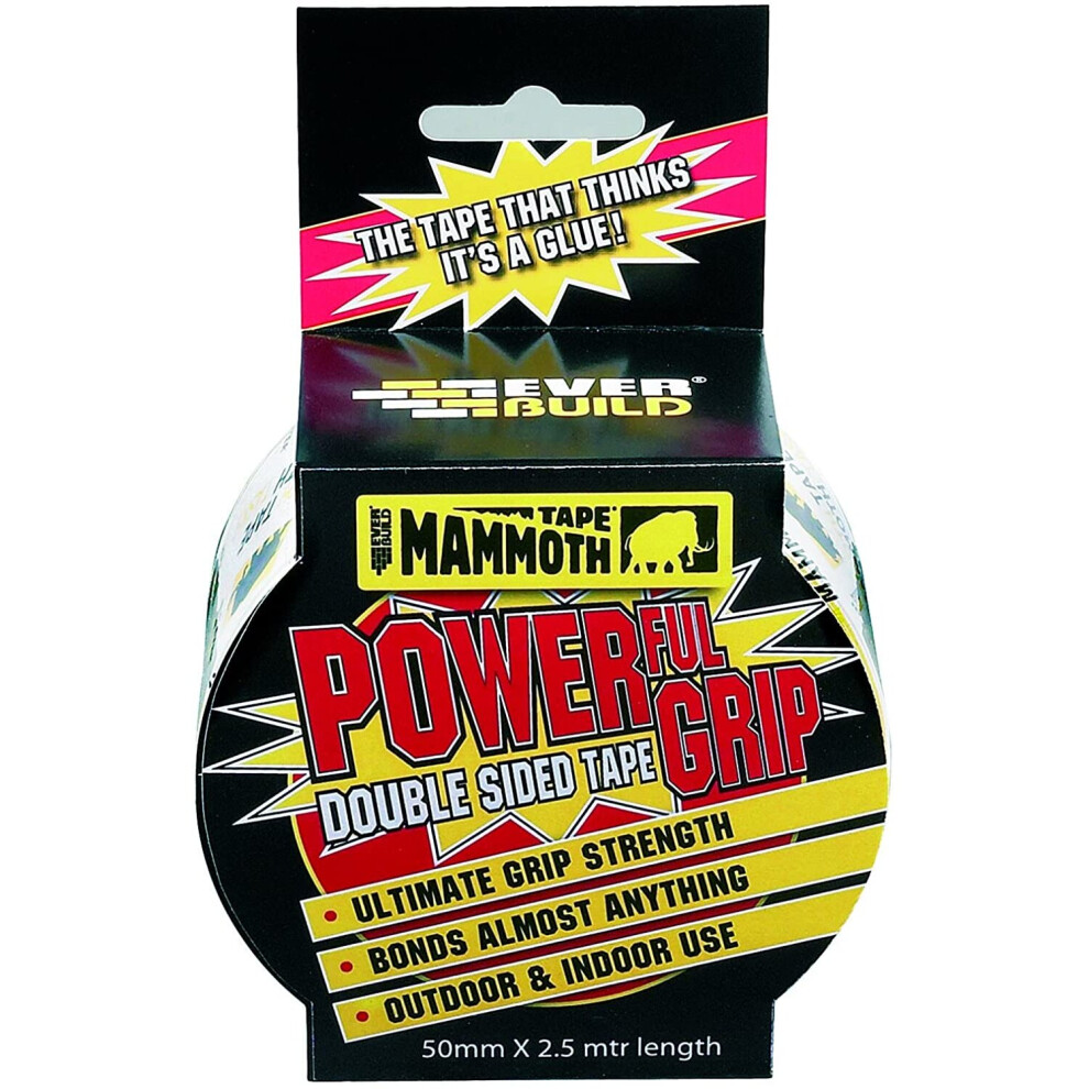 Everbuild Mammoth Powerful Grip Tape, Reinforced Double Sided Tape, Clear, 50 mm x 2.5 m