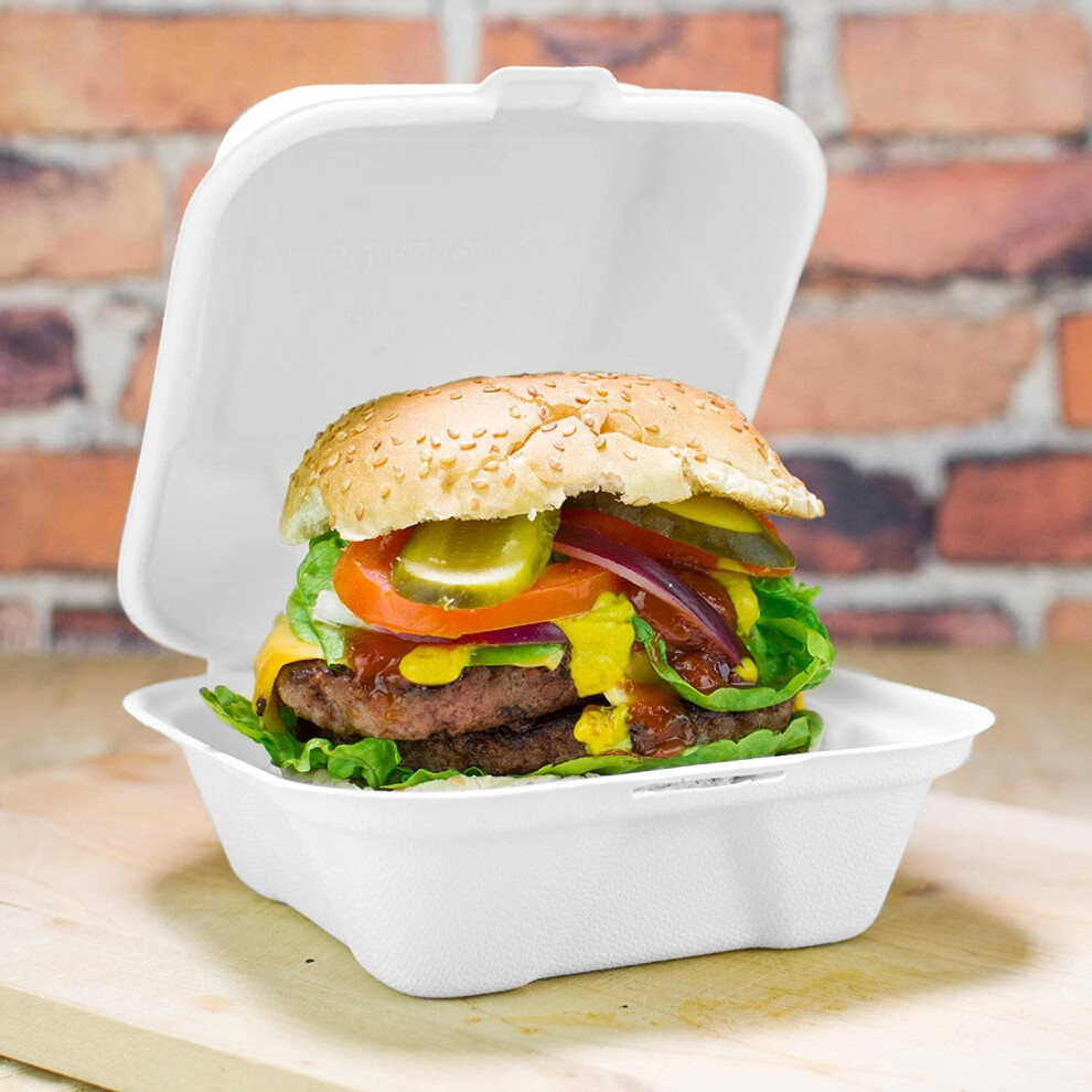 Clamshell Bagasse Takeaway Burger Box 6 Inch - Set of 50 - Eco-Friendly Food Boxes