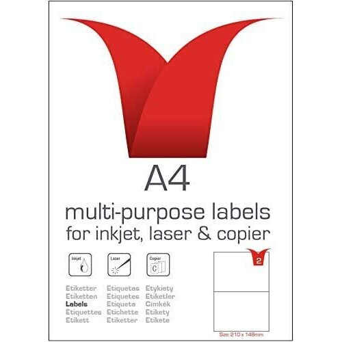 Multi-Purpose A4 White Self-Adhesive Labels - Butt Cut 210 x 148.5mm - 2 Labels per Sheet - 100 Sheets per box/200 Labels per Pack
