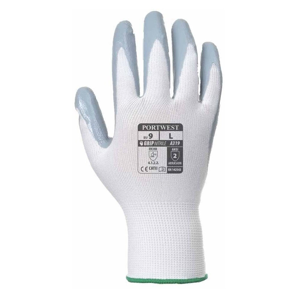 Portwest A319GRWM Flexo Grip Nitrile Glove with Merchandise Bag, Regular, Size: Medium, White/Grey