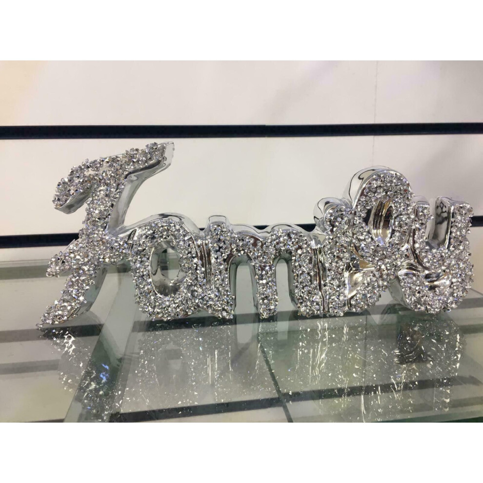 Crushed Crystal Diamond Silver FAMILY  Sign Ornament Shelf Sitter NEW