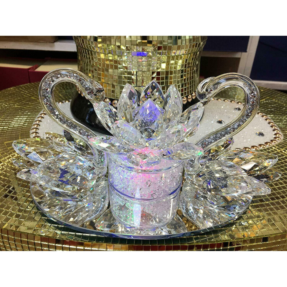 Large Decorative Crystal Glass Double Swan with Lotus Ornament