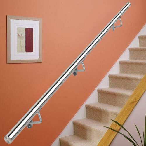 (3.75M- 3 Brackets) Round Brushed Stainless Steel Bannister Rail ...
