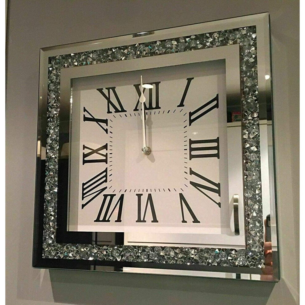 CLOCK Diamante Wall Mount Crystal Crushed Diamond Mirror Jewel Roman Wall Clock