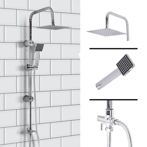 Modern Chrome Shower Kit Twin Head Square Shower Set Fixed Shower