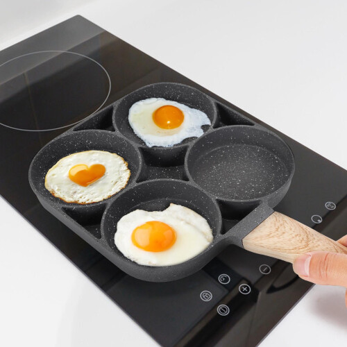 4 Hole Omelet Pan for Burger Egg Ham Pancake Maker Wooden Handle 1