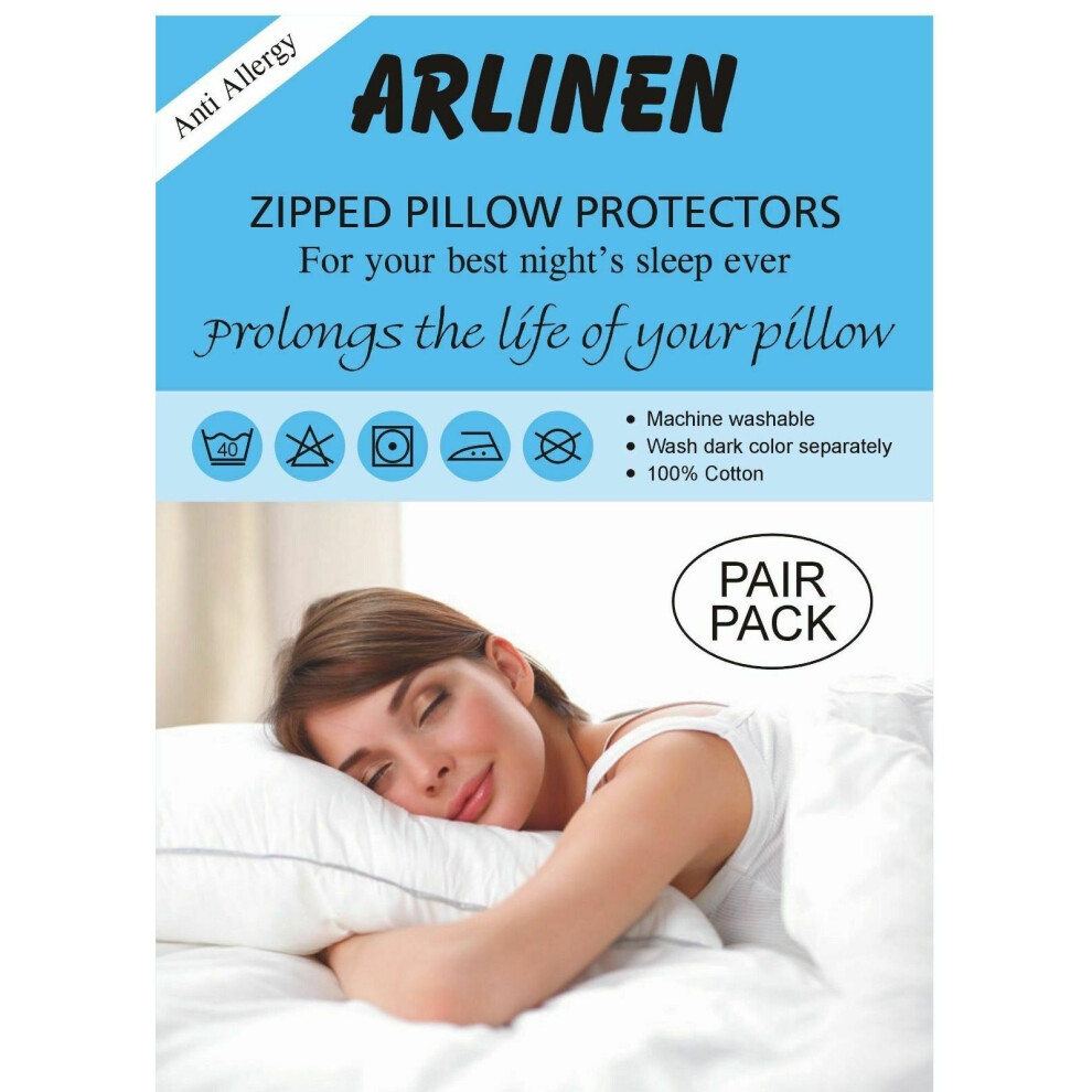 Luxury Pack of 4 Pillow Protectors 100% Cotton Hypoallergenic Dust- mite, Zipped Entry, White Colour, Size 74 x 48cm.