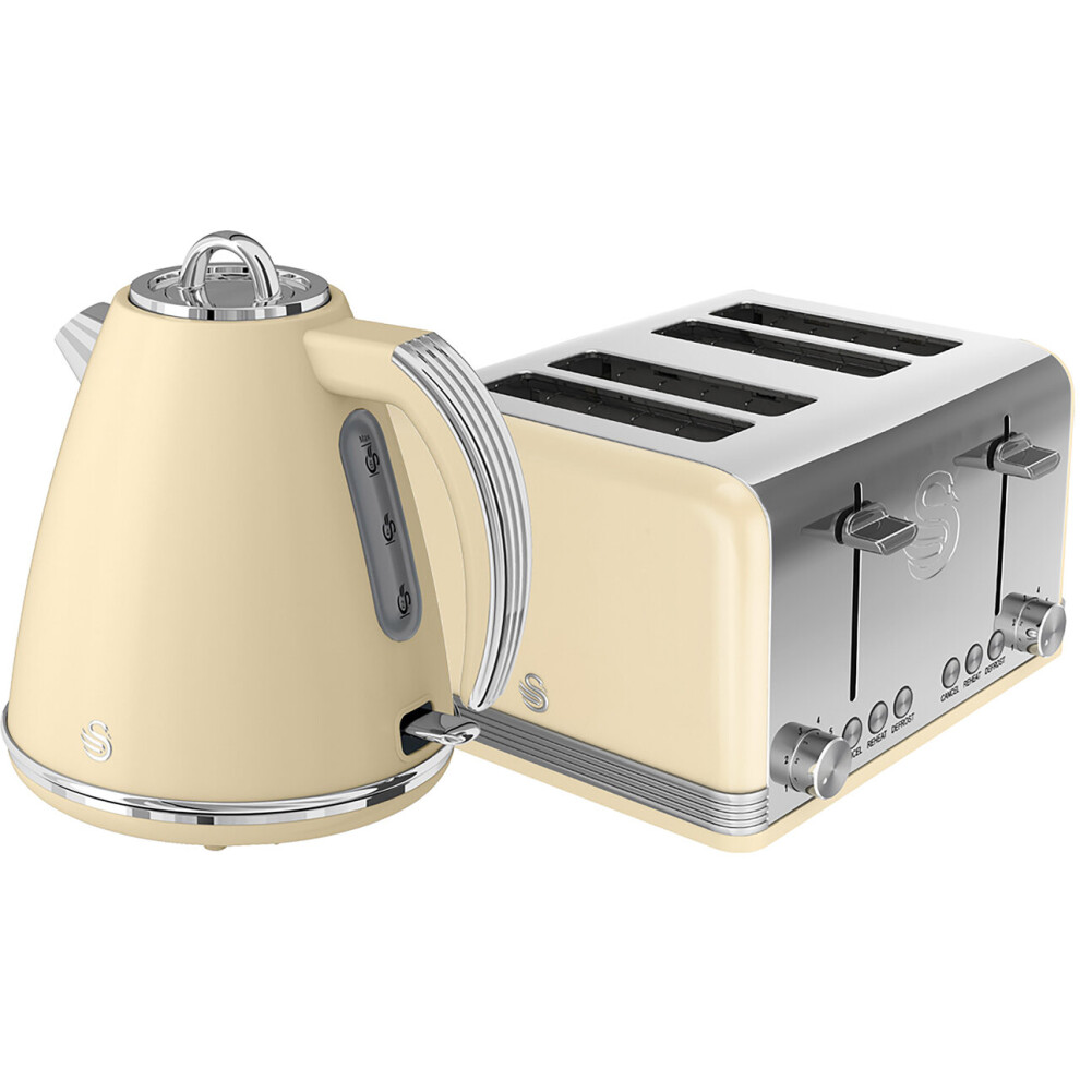 Swan, STP7041CN, Retro 1.5L Jug Kettle & 4 Slice Toaster, Stainless Steel, 360 Degree Base, Electronic Browning Control, Slide-Out Crumb Tray (Cream)