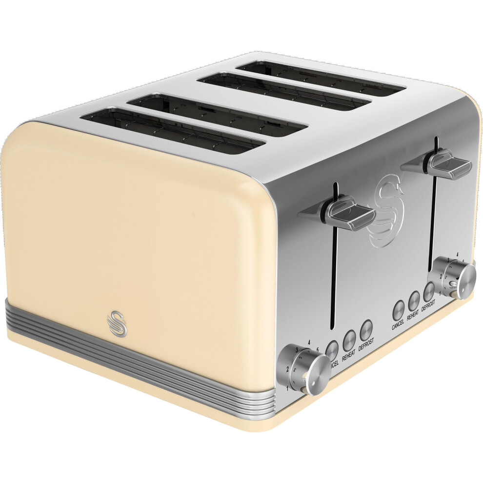 Swan ST19020CN Retro 4-Slice Toaster with Defost/Reheat/Cancel Functions, Cord Storage, 1600W, Stainless Steel in Retro Cream