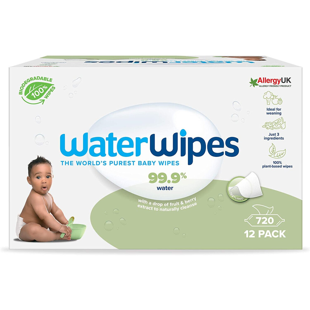 WaterWipes Baby Wipes Sensitive Weaning Biodegradable Unscented, 99.9% Water, 720 Wet Wipes (12 Packs Of 60 Wipes)