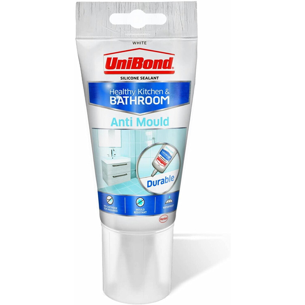 UniBond Anti-Mould Sealant / White Silicone Sealant for Kitchen and Bathroom / 1 x 150ml Tube
